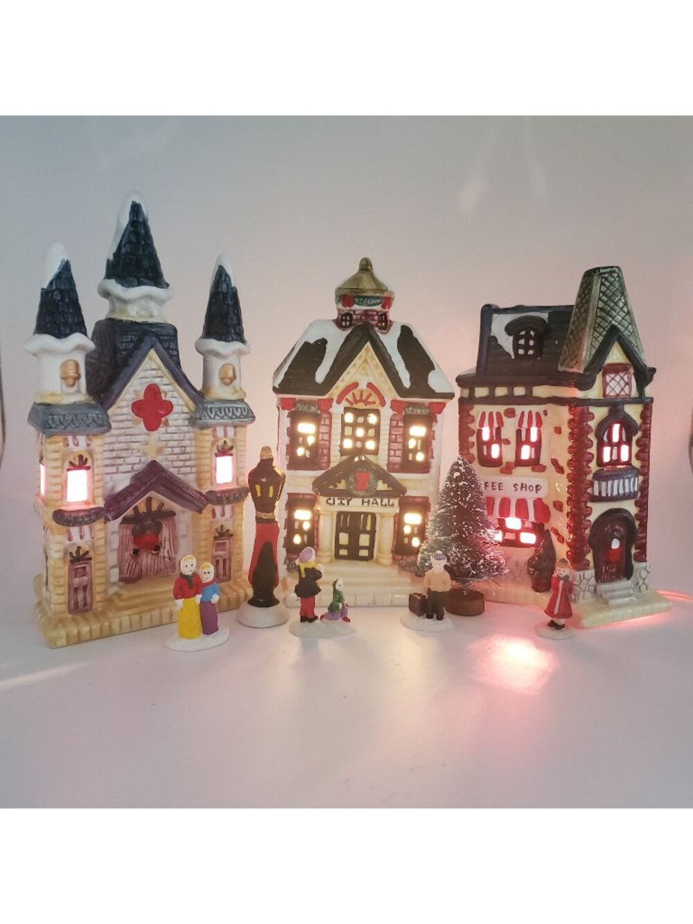 11 Pcs Deluxe Light-Up Village Set Hand Painted Dolomite Christmas Town Holiday